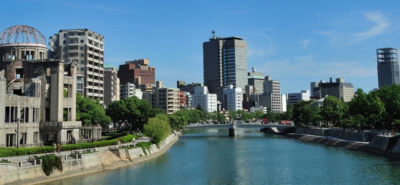 View of the Hiroshima memorial park beside the river