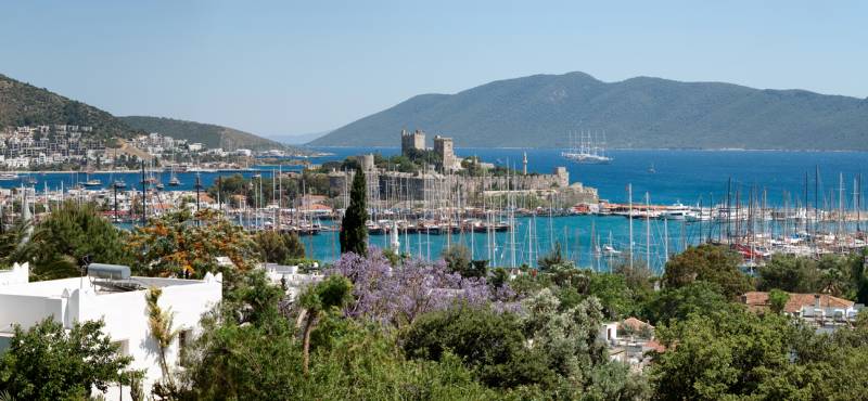 Panoramic view of Bodrum, one of Turkey's popular seaside resorts where day tours are available to P