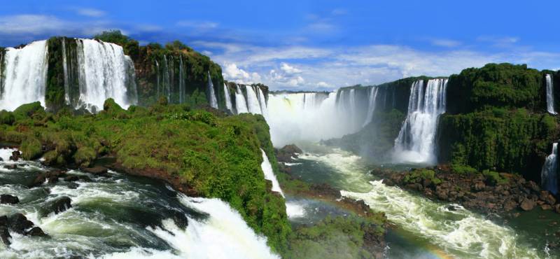 A panoramic view of the spectacular Iguazu Falls in Brazil