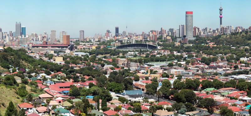 The city skyline of Johannesburg punctuated by skyscrapers