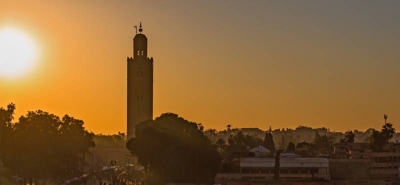 The skyline of Marrakech at sunset