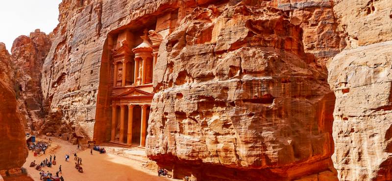 Panorama of the famed Treasury facade in Petra from the opposite mountain, Jordan